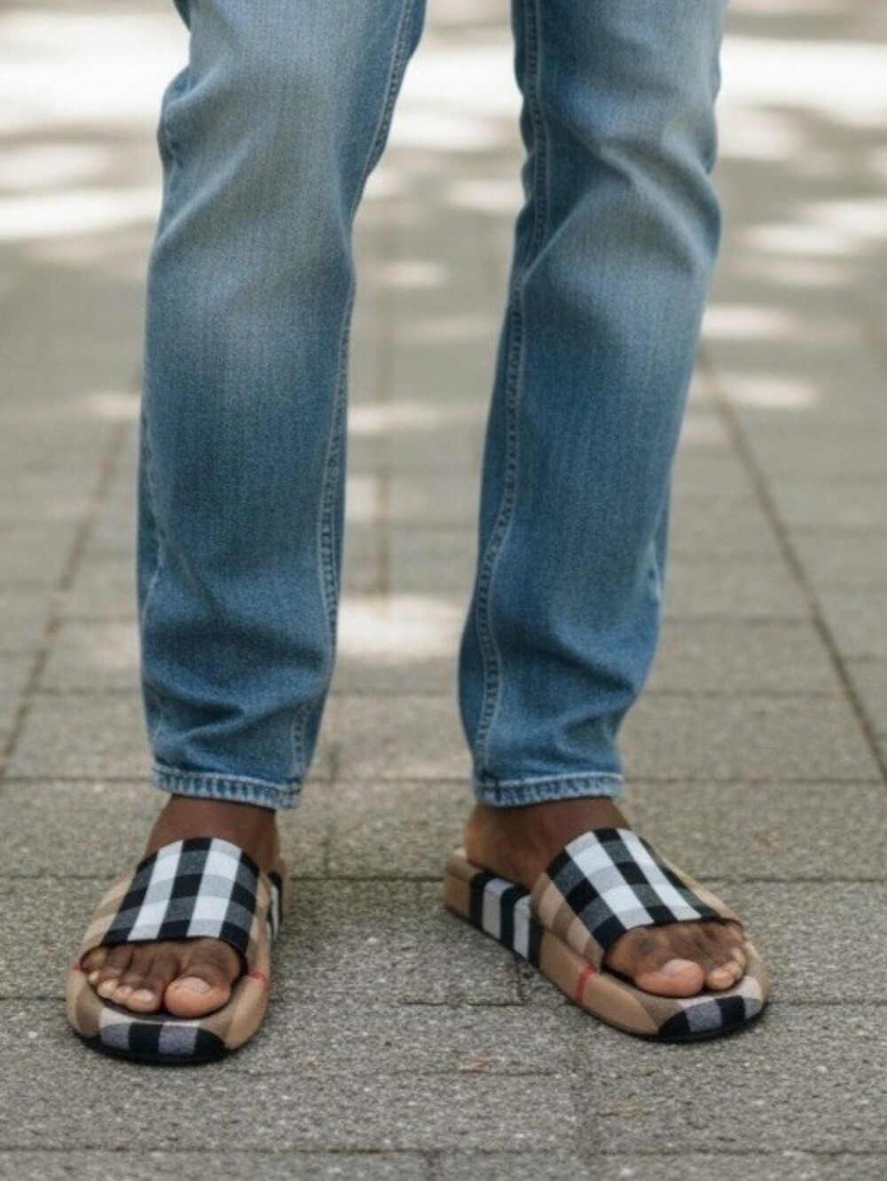 Burberry Brown Black White Check Slide Sandals with Gold Logo